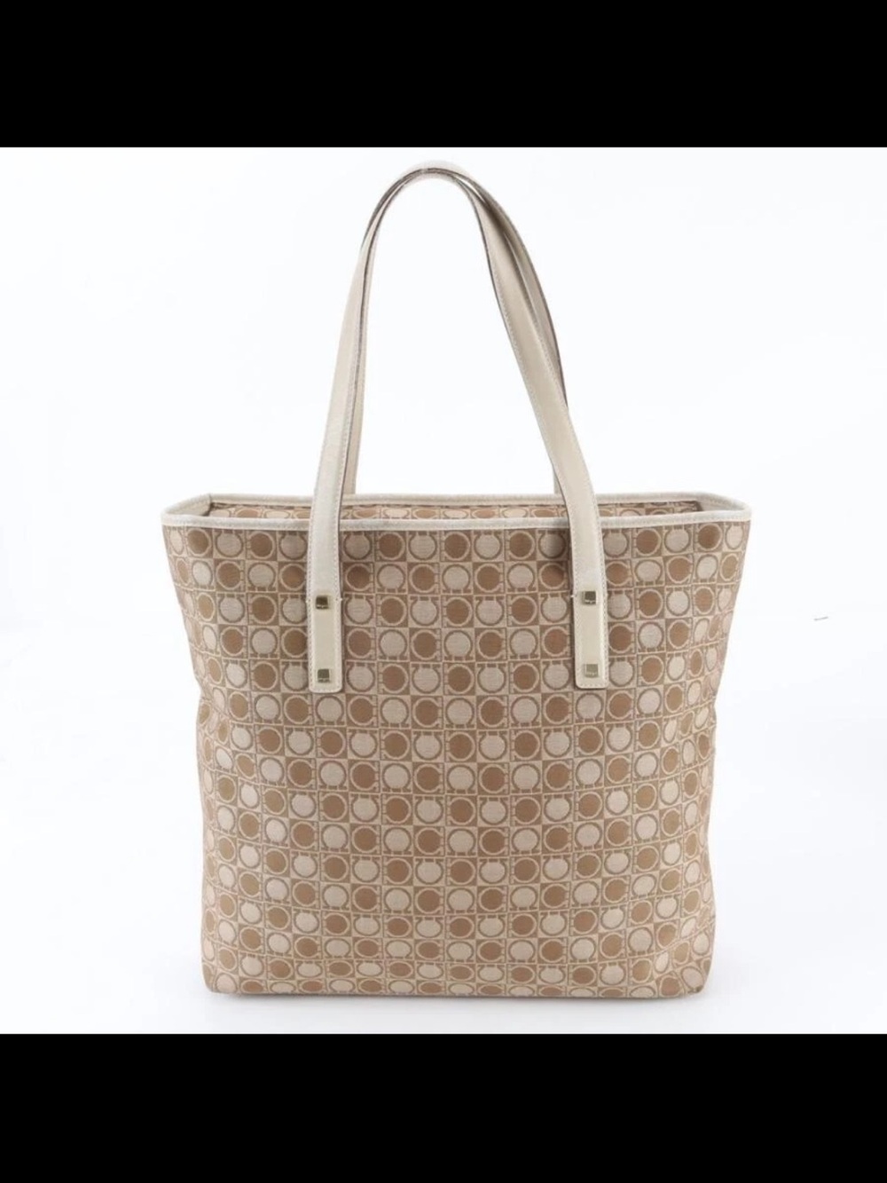 Salvatore Ferragamo Beige Patterned Tote with Cream Handles